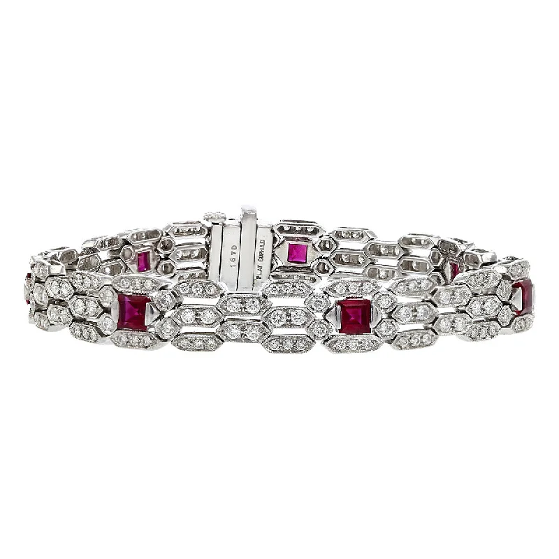 Stackable Bracelets With Personalized Charms-Platinum Diamond and Square-cut Ruby Bracelet