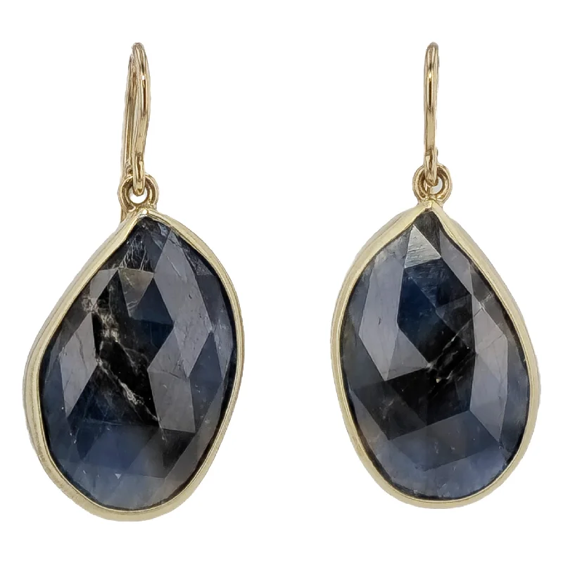 Minimalist Earrings With Pearls For Day Wear-Dark Blue Sapphire Slice Yellow Gold Drop Earrings