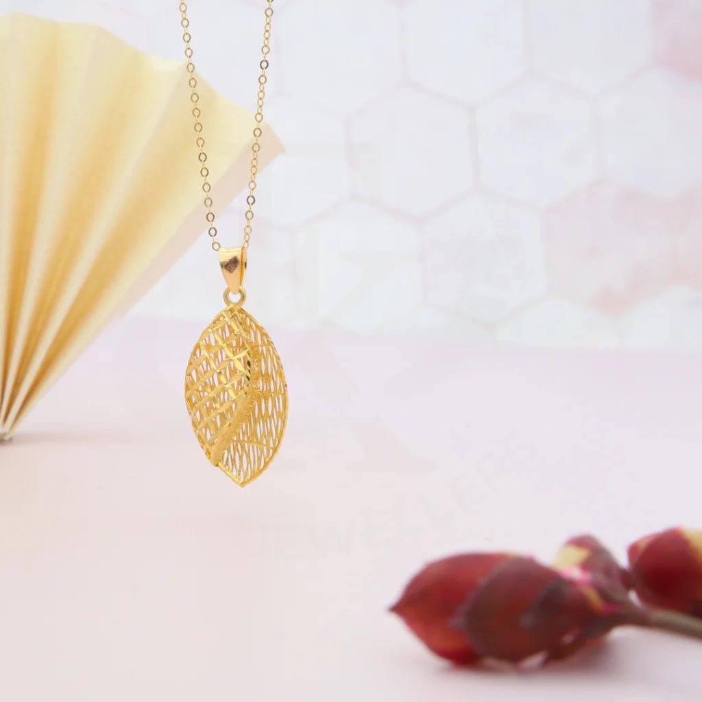 Dainty Gold Necklace For Minimalist Style-Gold Necklace (Chain With Leaf Shaped Mesh Pendant) 21KT - FKJNKL21KM8041