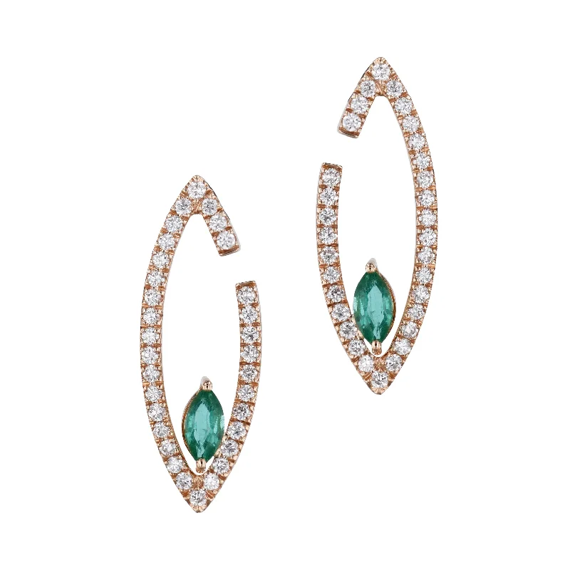 Minimalist Earrings With Colored Stones-Diamond and Emerald Rose Gold Earrings