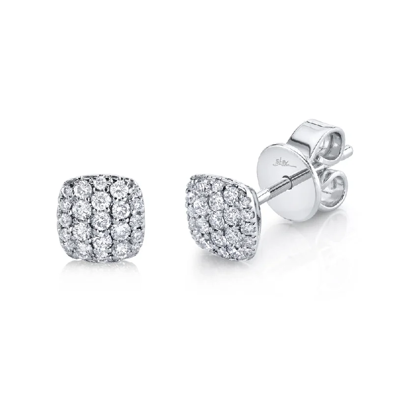 Custom Earrings With Your Initials-White Gold Diamond Pave Square Stud Earrings