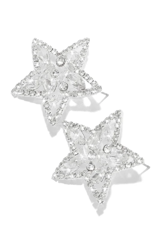 Large Drop Earrings For Fashionable Look-Rockstar Embellished Star Stud Earrings - Silver