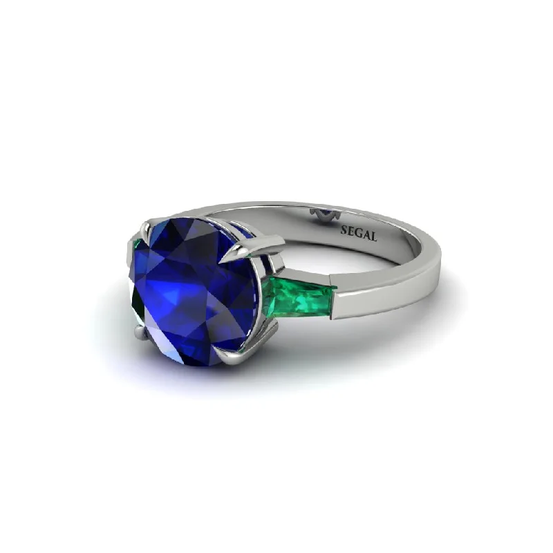 Trendy Gemstone Rings For Engagement Gifts-3 Stone Round Cut Sapphire With 2 Baguettes Engagement Ring - Gwendolyn No. 30