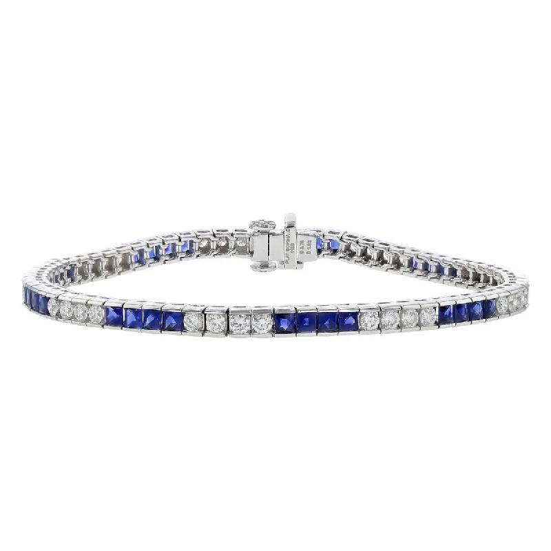 Silver Bracelets For Everyday Wear-Platinum Blue Sapphire and Diamond Line Bracelet