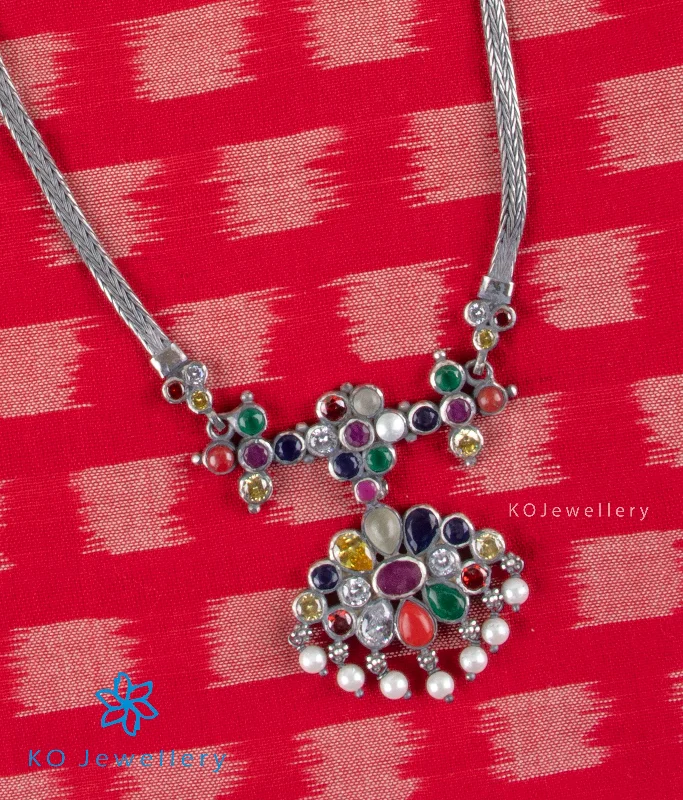 Simple Gemstone Pendant Necklace For Casual Style-The Mithuna Silver Navratna Necklace (Oxidised)