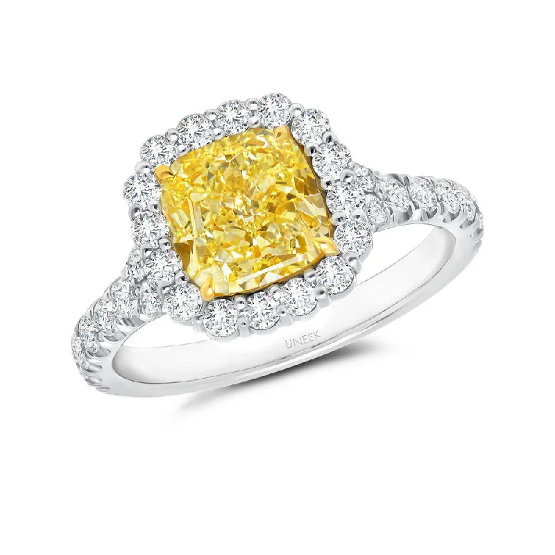 Elegant Wedding Rings With Colored Stones For Brides-Uneek Cushion-Cut Yellow Diamond Engagement Ring with Scallop-Effect Halo