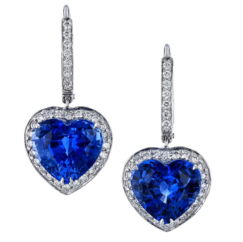 Minimalist Gold Earrings For Sophisticated Look-Heart Shaped Ceylon Sapphire Platinum Diamond Pave Earrings