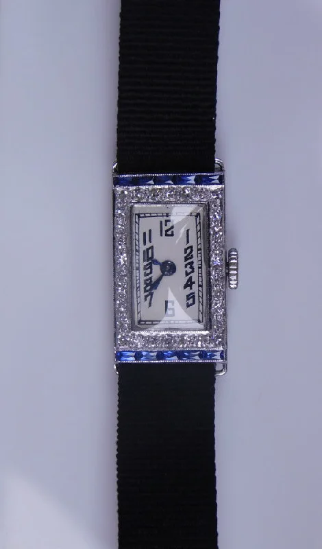 Retro Digital Watches For Men-PLATINUM ART DECO DIAMOND AND BLUE STONE WATCH