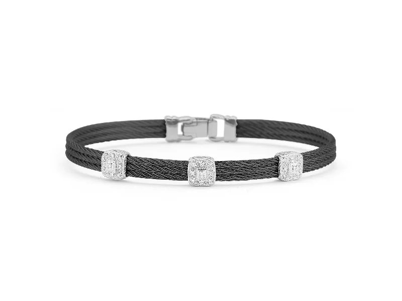 Vintage Metal Bracelets For Women-ALOR Black Cable Classic Stackable Bracelet with Triple Square Station set in 18kt White Gold