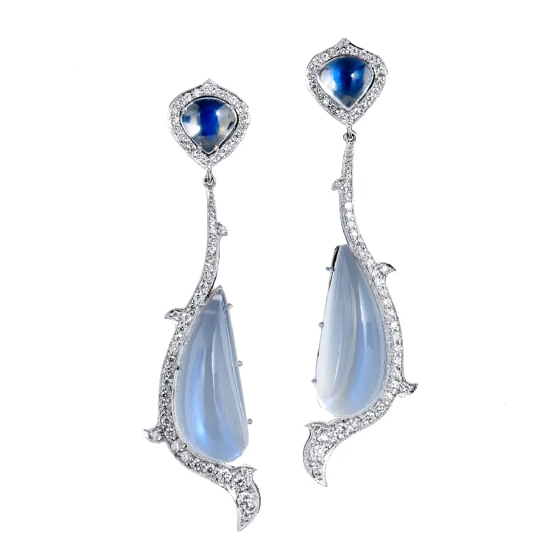 Silver Earrings With Gems For Day Wear-18kt White Gold Moonstone and Diamond Drop Earrings