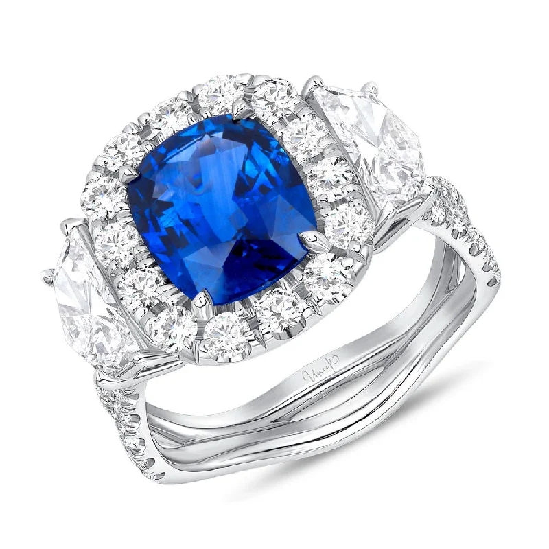 Elegant Gold Rings For Wedding Day-Uneek Precious Collection Halo Cushion Cut Blue Sapphire Engagement Ring