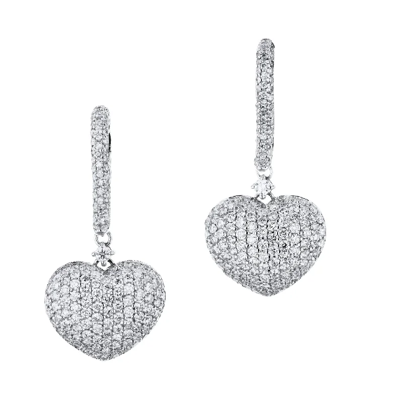 Simple Silver Stud Earrings For Daily Wear-White Gold Heart Diamond Pave Drop Earrings