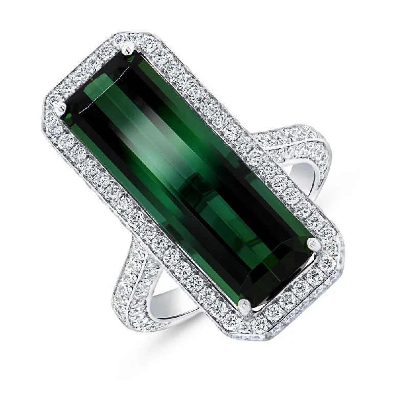 Trendy Gemstone Engagement Rings For Bridesmaids-Uneek Precious Collection Halo Emerald Cut Green Tourmaline Engagement Ring