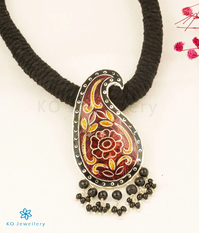 Simple Heart Necklace For Special Occasions-The Amra Silver Meenakari Thread Necklace(Brown/Black)