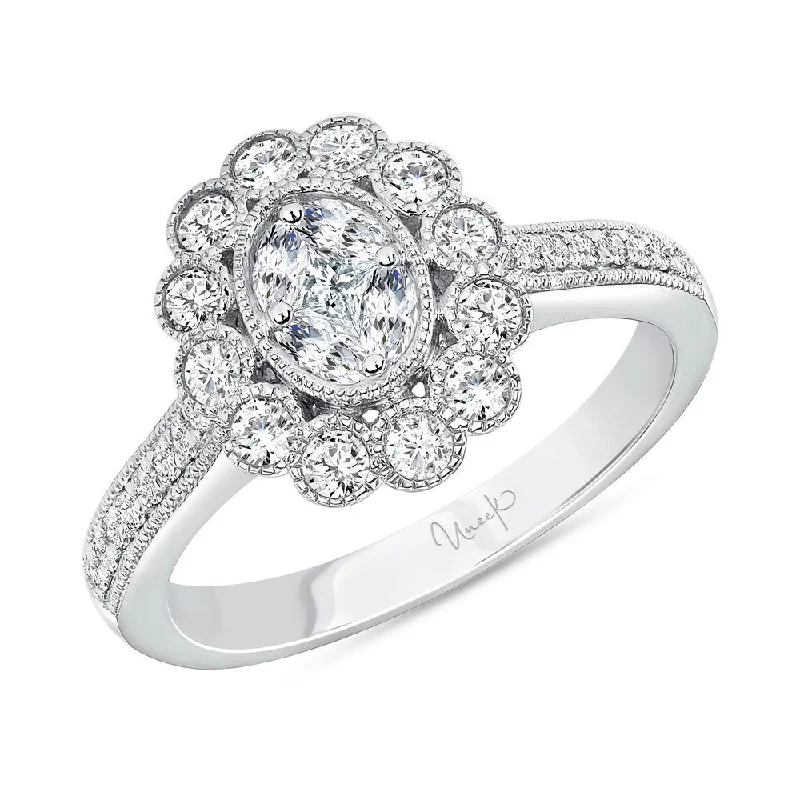 Personalized Wedding Bands For Special Gifts-Uneek Petals Design Cluster Diamond Center Ring with Pave Diamond Shank