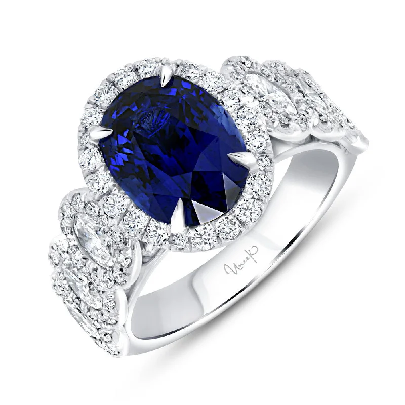 Trendy Custom Engagement Rings For Bridesmaids-Uneek Precious Collection Halo Oval Shaped Blue Sapphire Engagement Ring