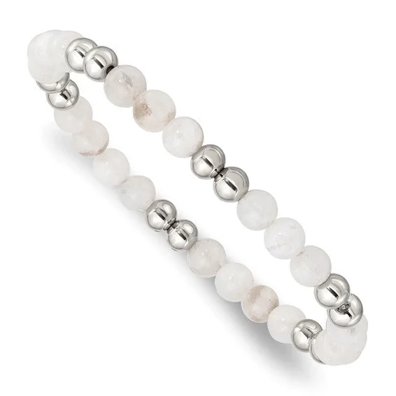 Gemstone Bracelets With Natural Stones-Chisel Stainless Steel Polished 6mm White Moonstone Beaded Stretch Bracelet