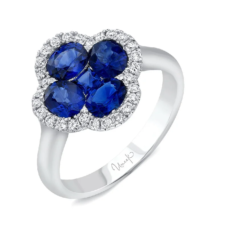 Trendy Titanium Rings For Custom Engagement-Uneek Precious Collection Floral Round Blue Sapphire Fashion Ring