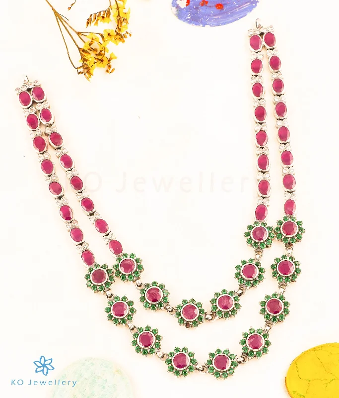 Trendy Long Pendant Necklace For Fashion-The Madhulika 2 layer Silver Kemp Necklace (Red/Green/Oxidised)