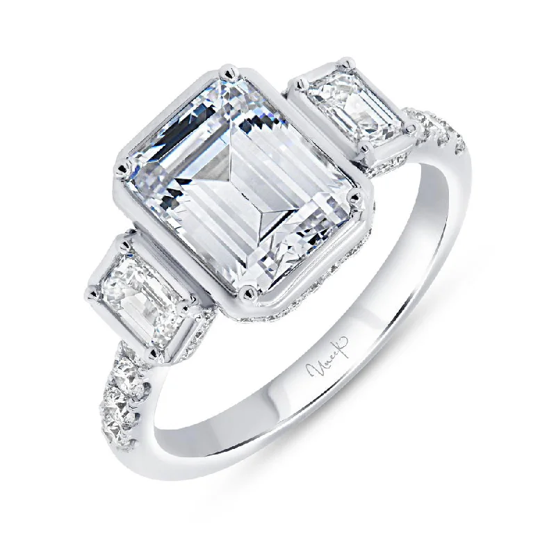 Trendy Custom Wedding Bands For Modern Couples-Uneek Alexandria Collection Three-Stone Emerald Cut Engagement Ring