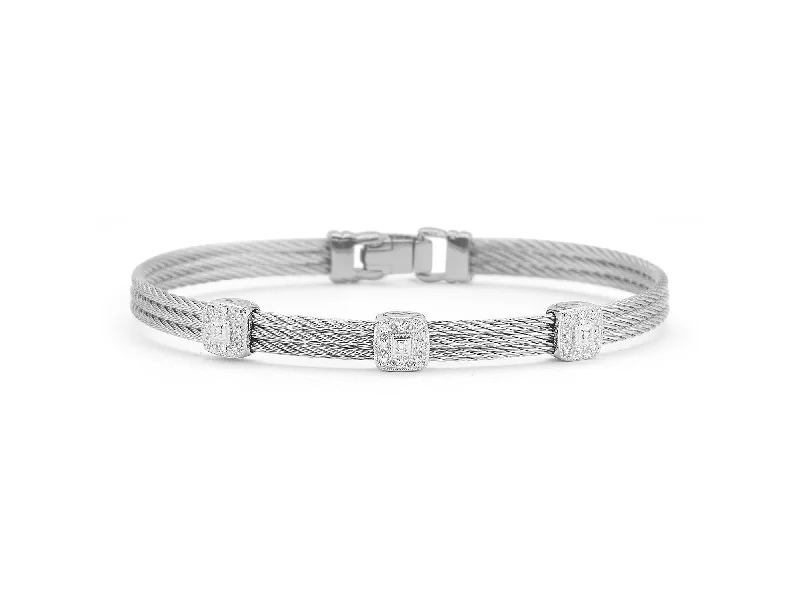 Gold Beaded Bracelets For Parties-ALOR Grey Cable Classic Stackable Bracelet with Triple Square Station set in 18kt White Gold