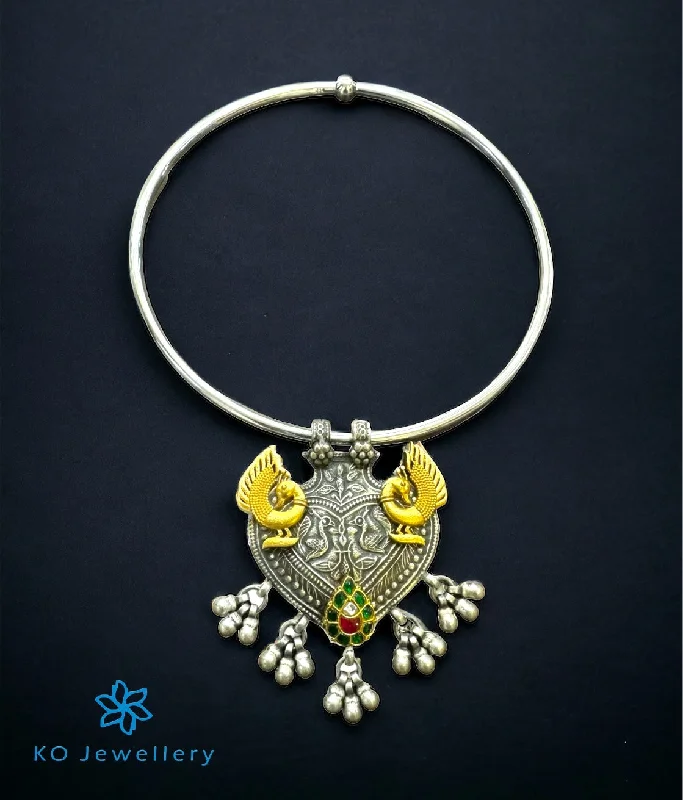 Trendy Crystal Necklace For Evening Wear-The Himani Silver Antique Peacock Hasli Necklace (2 tone)