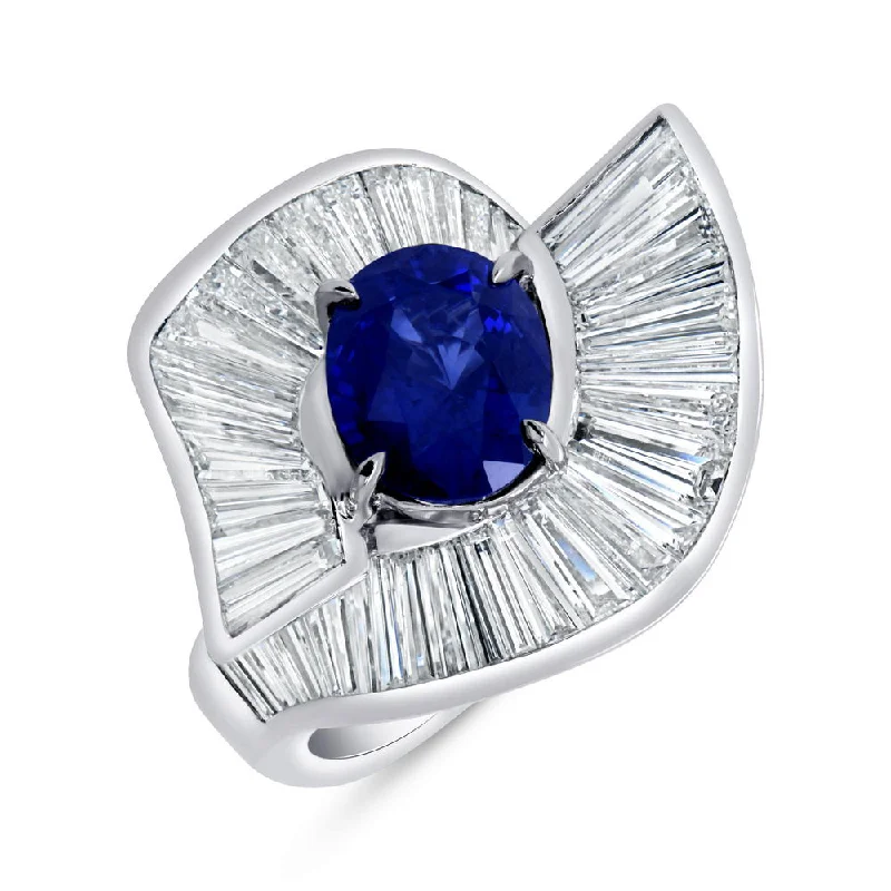 Classic Gold Rings For Engagement Day-Uneek Precious Collection Bypass Oval Shaped Blue Sapphire Fashion Ring