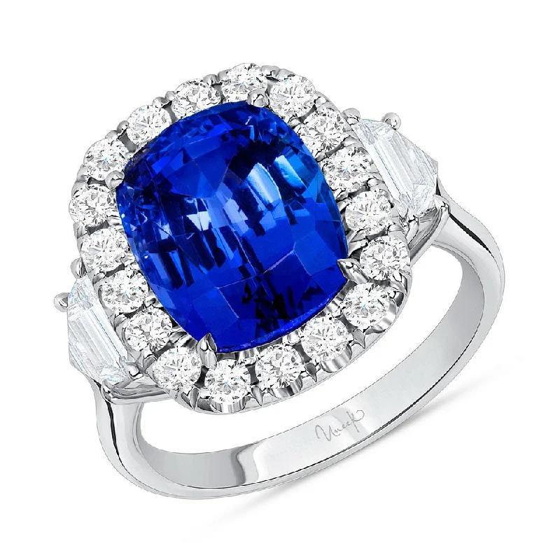 Personalized Custom Rings For Wedding Day-Uneek Precious Collection 3-Stone-Halo Cushion Cut Tanzanite Engagement Ring