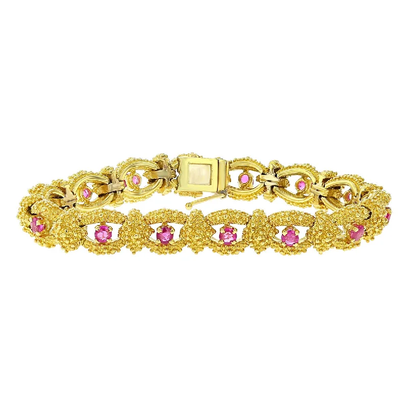 Designer Fashion Bracelets For Women-Mid-Century 18K Yellow Gold Ruby Link Bracelet