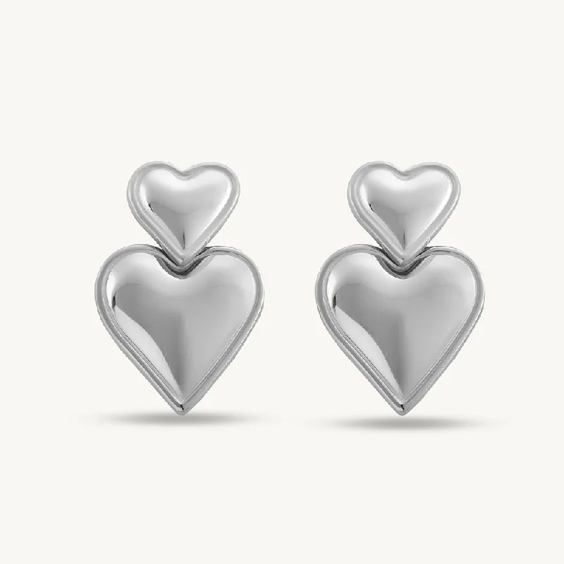 Silver Earrings With Gems For Day Wear-Double Heart Silver Drop Earrings