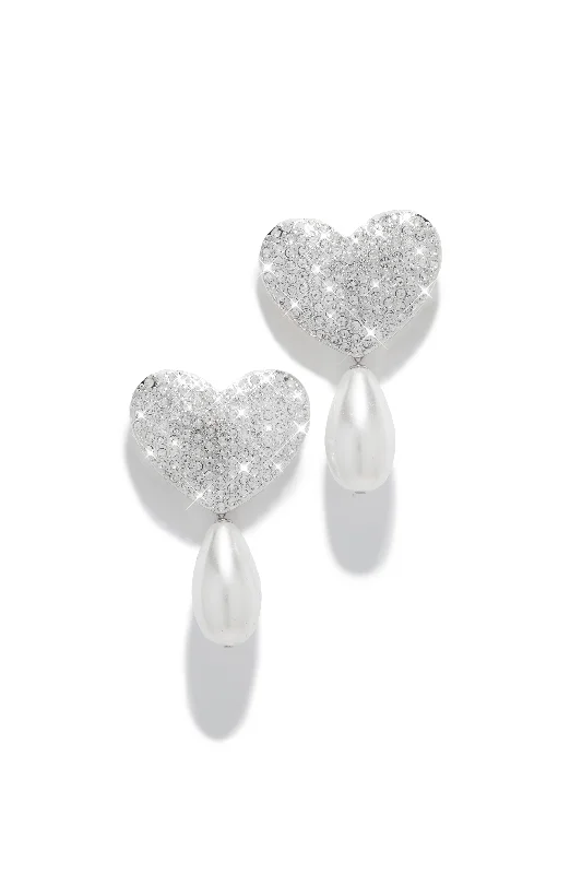 Luxury Earrings With Pearls For Evening Wear-Lover Embellished Heart Earring - Silver