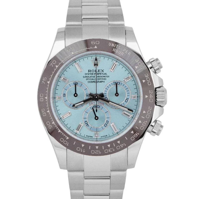 High-End Watch Brands For Men-MINT NEW PAPERS Rolex Daytona BAGUETTE GLACIER ICE BLUE 40mm Platinum 116506 BOX