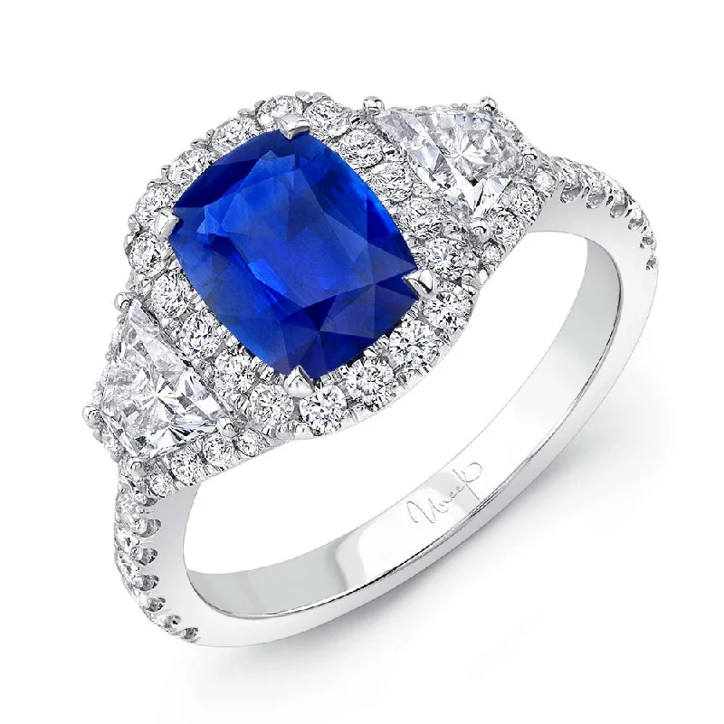 Trendy Custom Wedding Rings For Grooms-Uneek Cushion Sapphire-Centered Three-Stone Engagement Ring with Trapezoid Diamond Sidestones