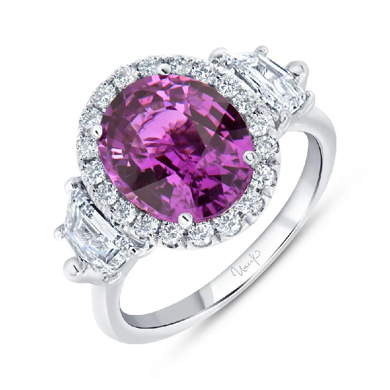 Custom Gold Rings For Engagement Day-Uneek Precious Collection 3-Stone-Halo Oval Shaped Pink Sapphire Engagement Ring