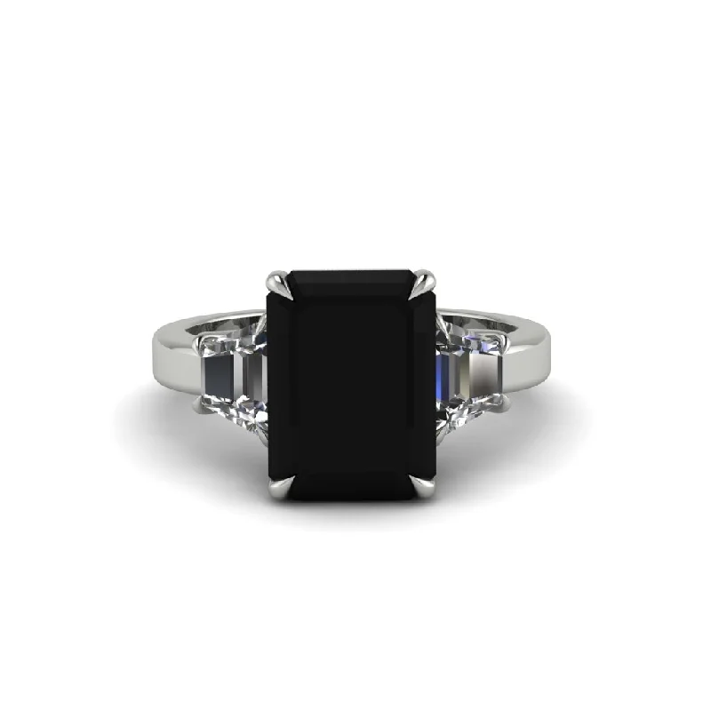 Simple Custom Wedding Rings For Elegant Couples-Black Diamond Emerald Cut Three Stone Ring With Custom Baguette - Yvette No. 9