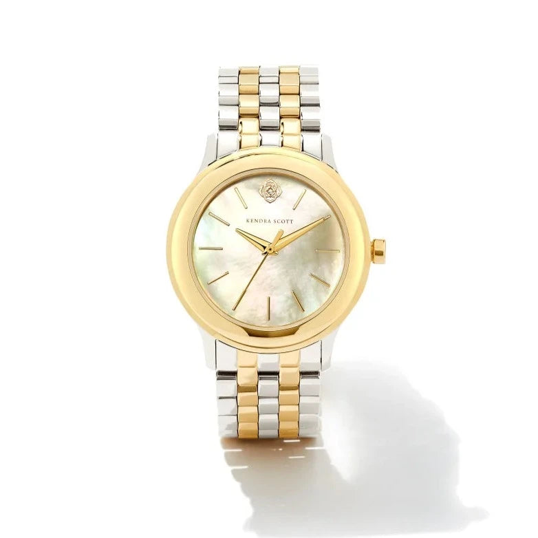 Waterproof Watches With Sports Features-Kendra Scott | Alex Two Tone Stainless Steel 35mm Watch in Ivory Mother-of-Pearl