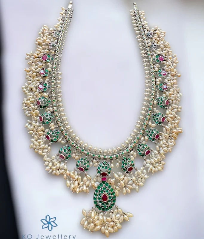 Simple Gemstone Necklace For Bridal Wear-The Jagavi Silver Guttapusalu Necklace (Oxidised)