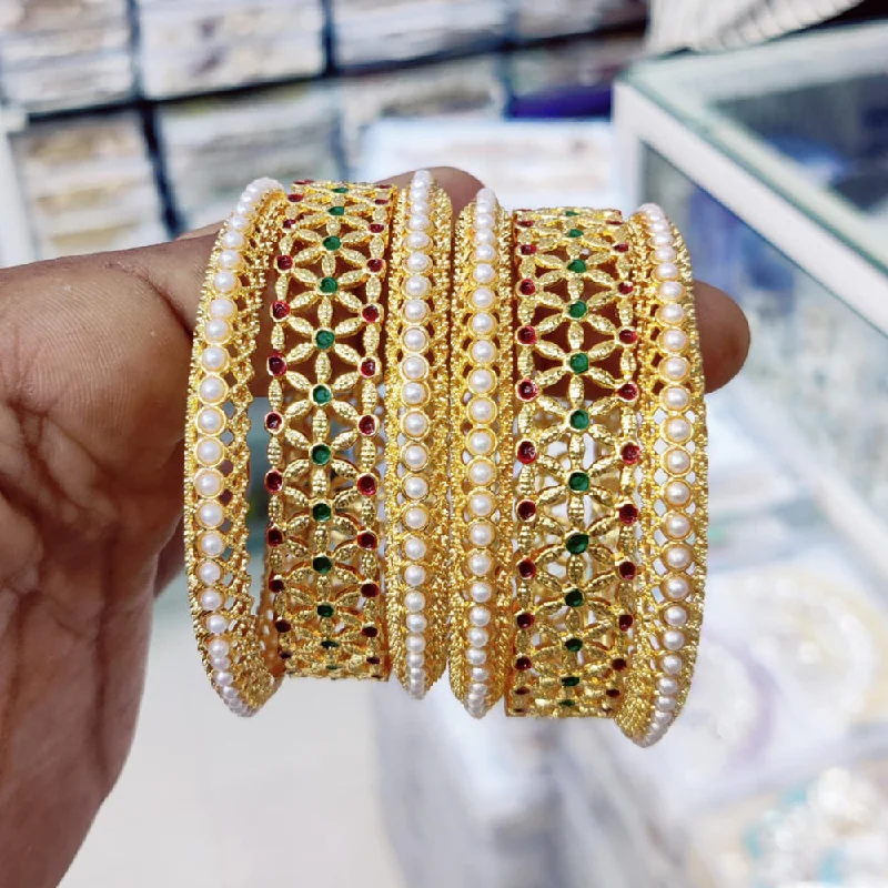 Sparkling Wedding Bangles For Engagement Day-Pooja Bangles Gold Plated Pearl Bangles Set