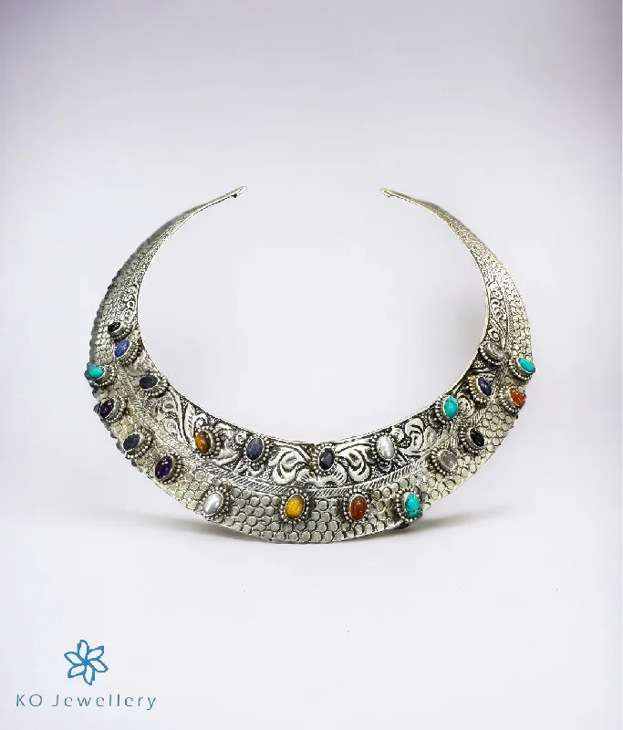 Simple Crystal Pendant Necklace For Weddings-The Multi Gemstone Silver Antique Hasli Necklace