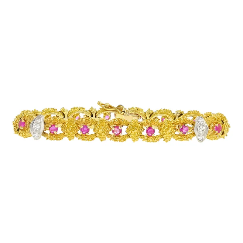 Handmade Gold Bracelets For Special Gifts-Mid-Century 18K Gold Ruby and Diamond Bracelet