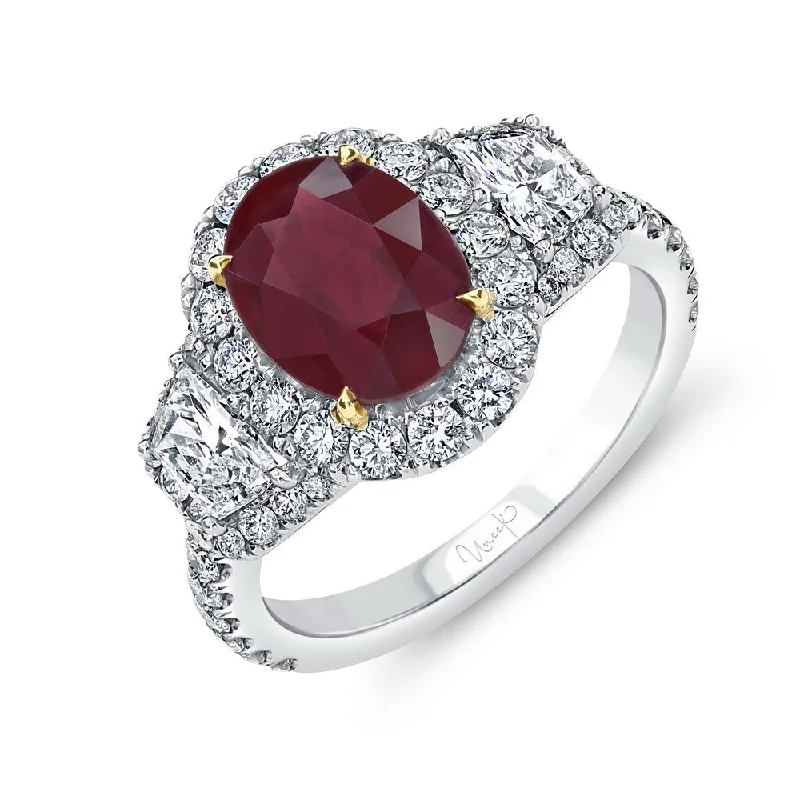 Custom Diamond Rings For Wedding Day-Uneek Oval Ruby Ring with Diamond Halo and Trapezoid Sidestones